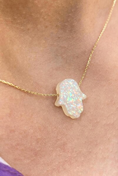 Bayar Gold Altın Beyaz Opal Taşlı Fatma Ana Eli Kolye