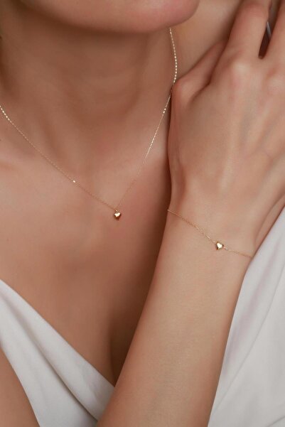 Bayar Gold 14 Ayar Altın Mini Kalp Kolye ve Bileklik Seti