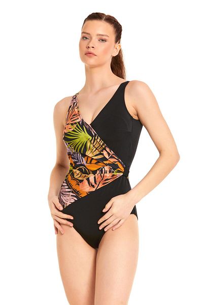 Argento Black Patterned Slimming Double Breasted Swimsuit