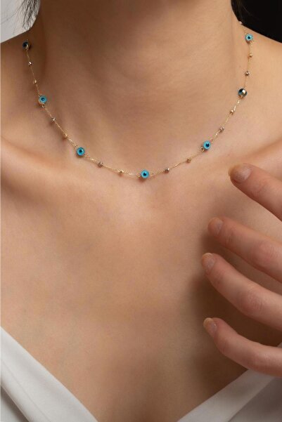 Bayar Gold 14 Ayar Altın Dorikalı Mavi Göz Kolye