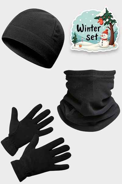 Teknor Unisex Black Thermal Winter Quality Fleece Beanie Neck Collar and Gloves Set