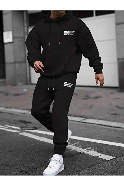 Sezon Μαύρο ανδρικό σετ φόρμας oversize με στάμπα