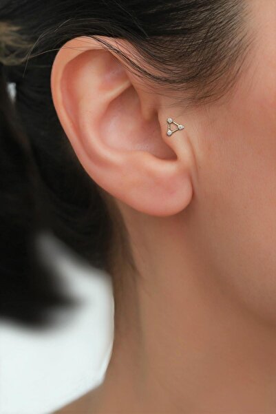 Bayar Gold 14 Ayar Altın Beyaz Taşlı Üçgen Tragus Piercing