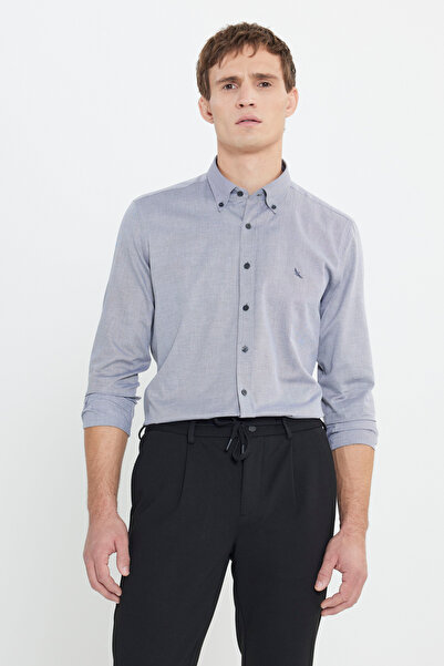 ALTINYILDIZ CLASSICS Men's Anthracite 100% Cotton Oxford Slim Fit Slim Fit Buttoned Lapel Diagonal Print Shirt