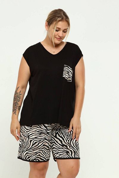 tarzımsüper Plus Size Comfortable Pajama Set with Top and Bottom Shorts Zebra Pattern Double Cotton 2-Piece Bottom-Top Set Black
