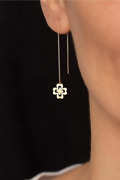 Bayar Gold 14 Ayar Altın Dört Yapraklı Yonca Zincir Küpe