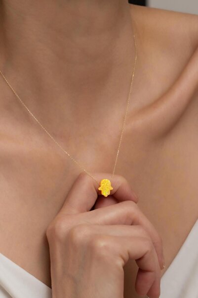 Bayar Gold 14 Ayar Altın Sarı Opal Taşlı Fatma Ana Eli Kolye