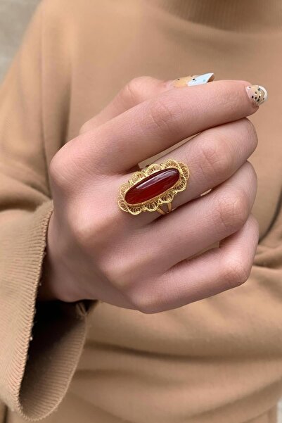 Bayar Gold 14 Ayar Altın Akik Taşlı Uzun Mekik Yüzük