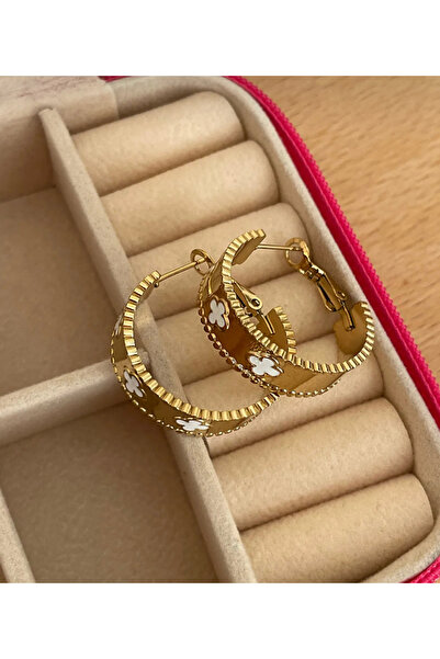 Gül Accessory Kadın Gold Renk Yonca Desenli Yüksek Kalite Çelik Halka Küpe