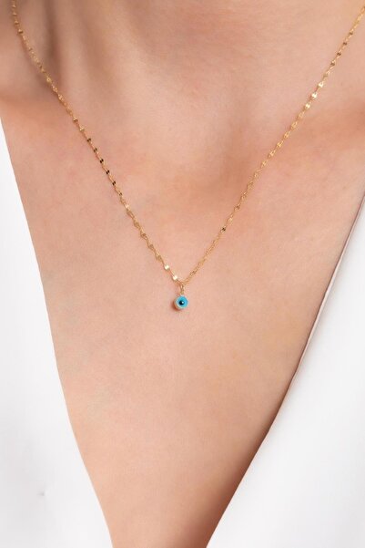 Bayar Gold 14 Ayar Altın Mini Göz Boncuklu Aynalı Kolye