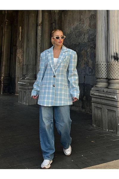 manana fashion Jachetă blazer cu dungi albastre, căptușită cu ștampilă supradimensionată