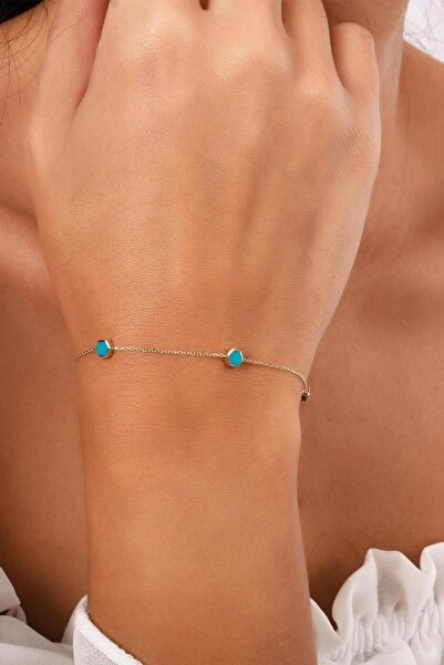 Bayar Gold 14 Ayar Altın Mavi Altıgen Mineli Bileklik