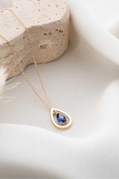 Bayar Gold 14 Ayar Altın Damla Mavi Taşlı Kolye