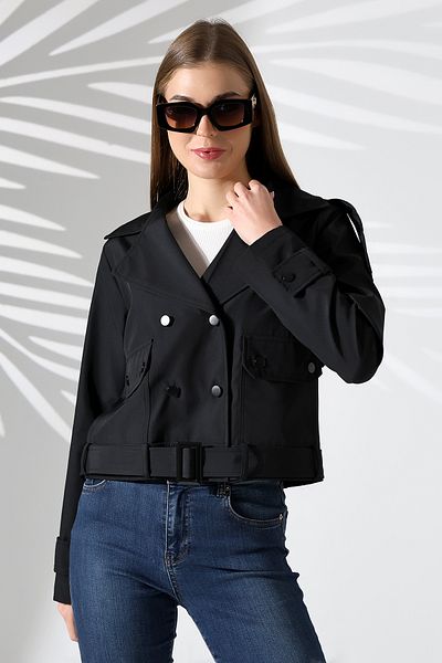 B.HE.Z Black Crop Trench Coat - Women'S, Lined, Belt and Water Repellent Fabric