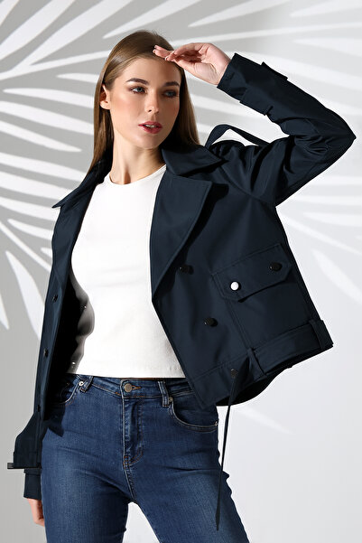 B.HE.Z Синій жіночий укорочений тренчкот - водовідштовхувальний, з поясом і кишенями