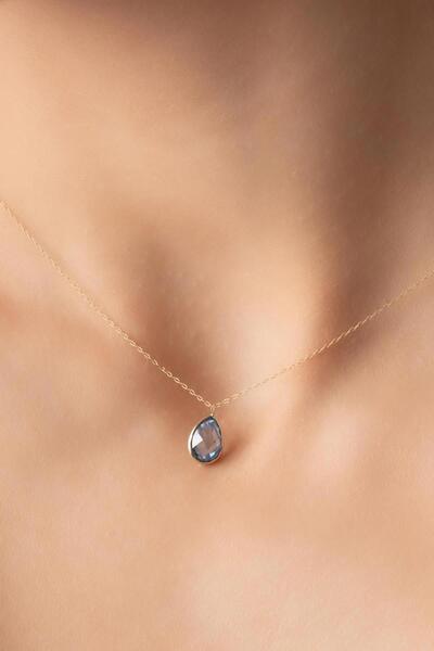 Bayar Gold 14 Ayar Altın Açık Mavi Taşlı Damla Kolye