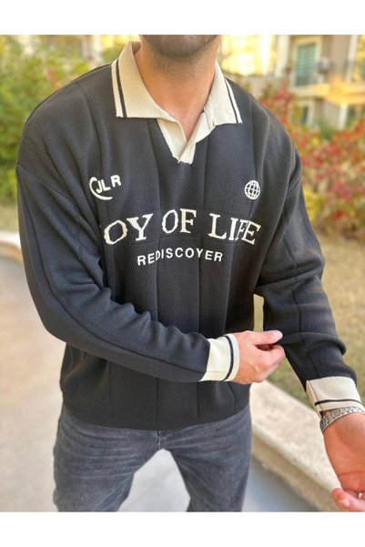 elkumoda Sweater Oversize Polo Collar Patterned Knitwear Soft Textured Anti-Pilling Embroidery Detailed Sweatshirt