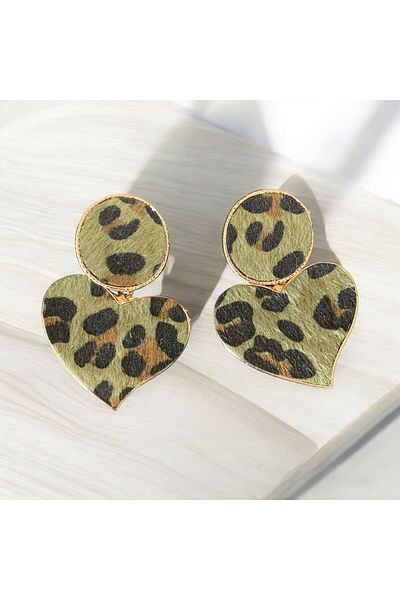 LeylanTakı Khaki Leopard Print Women's Heart Earrings - Leylan Jewelry