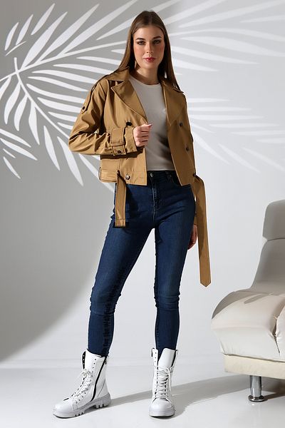 B.HE.Z Camel Colored Women's Crop Trench Coat - Water Repellent, Belt and Pocket
