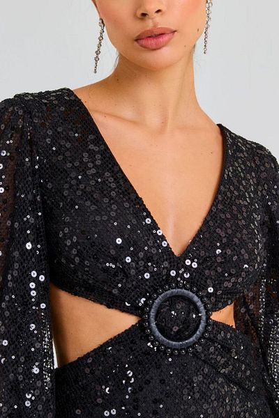 Neşeli Butik Women's Imported Sequins Fabric Buckle Detail Evening Dress Nbemp2584