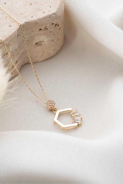 Bayar Gold 14 Ayar Altın Baget Taşlı Altıgen Kolye