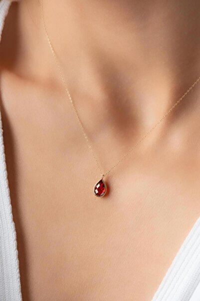 Bayar Gold 14 Ayar Altın Kırmızı Taşlı Damla Kolye