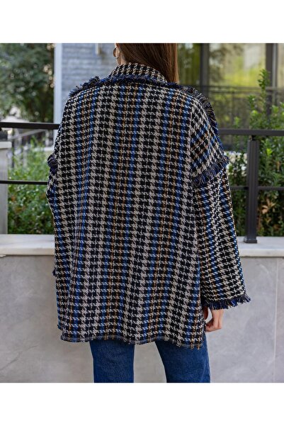 Lavanta Tekstil Navy Blue-Black Jacket with Fringe Detail