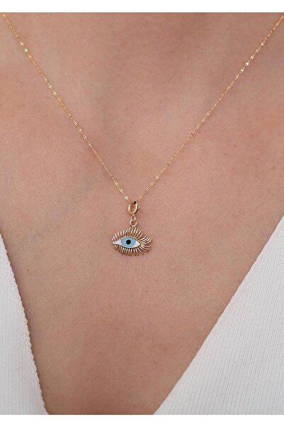 Bayar Gold 14 Ayar Altın Upea Mavi Kirpik Göz Charm Kolye