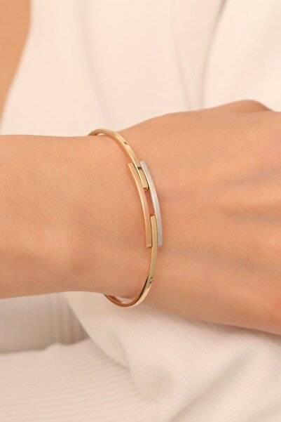 Bayar Gold 14 Ayar Altın Üç Renkli İkili Kaburga Kelepçe Bilezik