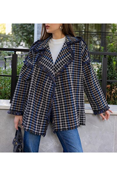 Lavanta Tekstil Navy Blue-Black Jacket with Fringe Detail