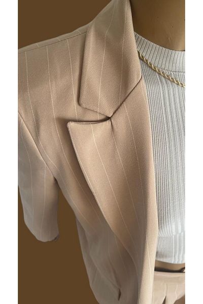 Flow Mi̇sseale Stripe Detailed Blazer Jacket Beige and High Waist Palozzo Pants Set