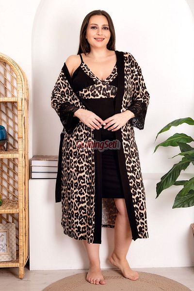quilling 19219 Model Leopard Print Black Sling Nightgown and Dressing Gown Set - Oversized and Large