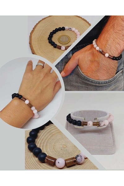 Yasamtohumu 8mm opal i oniks kamen unisex narukvica u havajskom stilu - roze-...