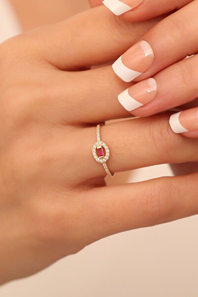 Bayar Gold 14 Ayar Altın Kırmızı Taşlı Oval Yüzük