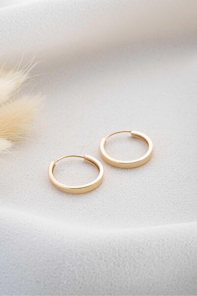 Bayar Gold 14 Ayar Altın Düz Halka Gizli Kilit Küpe 2.2 cm