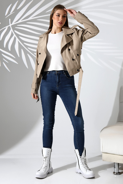 B.HE.Z Водовідштовхувальна тканина - жіночий укорочений тренч, з підкладкою, поясом і кишенями, візонь