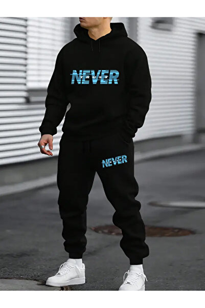 Sezon Set de trening oversize pentru bărbați, negru, cu imprimeu NEVER trust