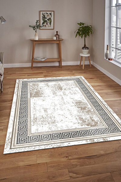 Pamuklife Halı Kaymaz Deri Taban Yıkanabilir Halı PL5424 Beyaz