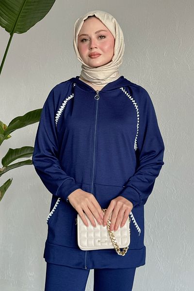 InStyle Zippered Shepherd Stitching Navy Blue Double Set