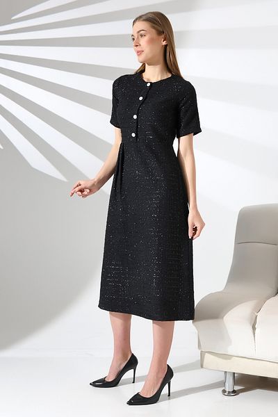 Mois Atelier Rochie midi din tweed neagră de mărime mare - Design cadou cu sclipici, pliuri și detalii cu nasturi