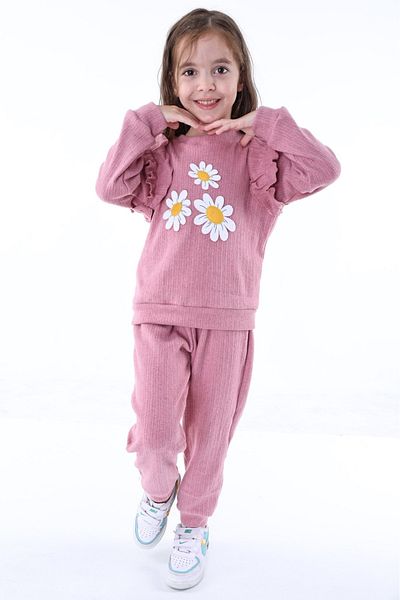 minikiss Cotton Daisy Embroidery Embroidered Shoulder Ruffle Tracksuit Bottom Top Girl's Two-Piece Set