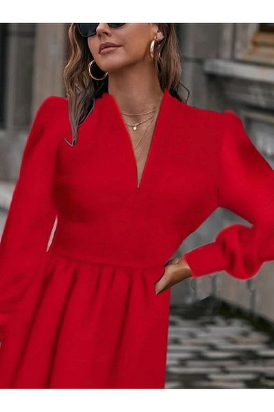 MRA Fashion Women's Long Sleeve V-neck Light Waist Pleated Scuba Crepe Mini Length Dress