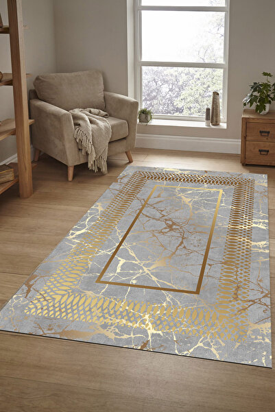 Carpet Anti-Slip Leather Sole Washable Rug PL4939 Grey Gold