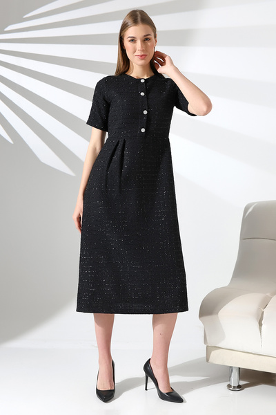 Mois Atelier Simli Siyah Tüvit Kareli Şanel Kumaş Pileli Düğme Detaylı Midi Elbise Tasarım Hediye Büyük Beden