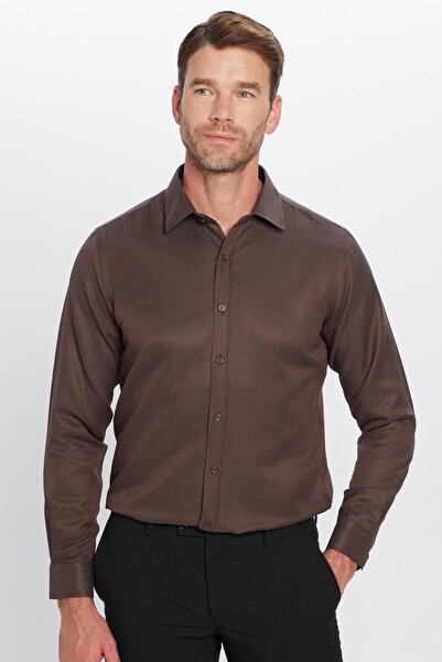 Tudors Modern Slim Fit Uzun Kollu Pamuklu Kolay Ütü Armürlü Erkek Kahve Gömlek