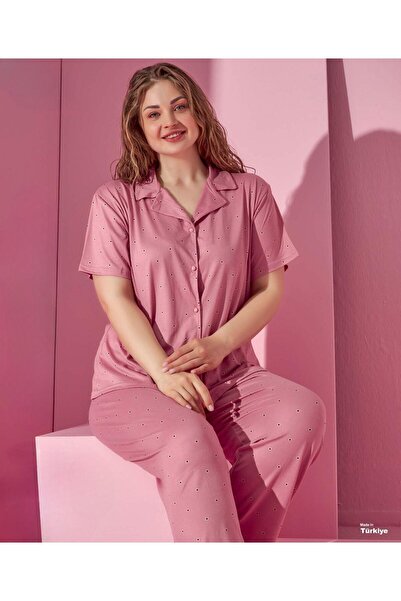 İpek Women's Short Sleeve Front Buttoned Plus Size Pajama Set