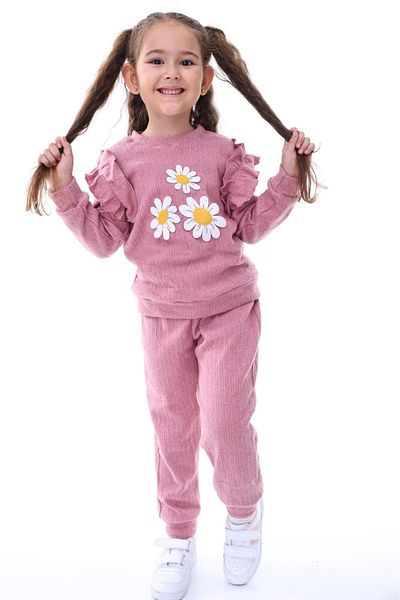 minikiss Cotton Daisy Embroidery Embroidered Shoulder Ruffle Tracksuit Bottom Top Girl's Two-Piece Set