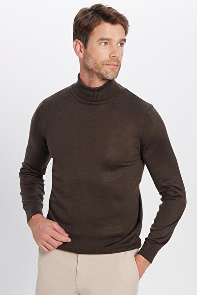 Tudors Pulover pentru bărbați, slim fit, subțire, cu guler întreg, din lână, maro