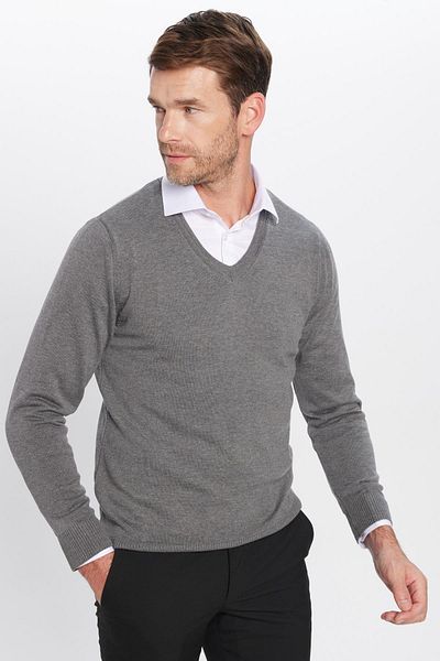 Tudors Men's Slim Fit V-Neck Cotton Gray Knitwear Sweater
