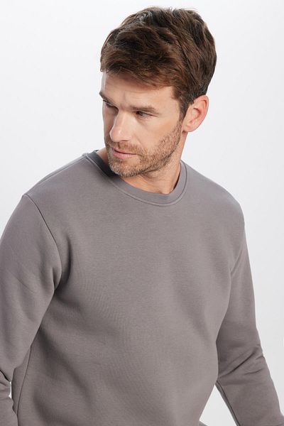 Tudors Unisex Relax Fit Relaxed Cut Βαμβακερή μαλακή υφή Basic γκρι φούτερ με λαιμόκοψη με φλις εσωτερικά